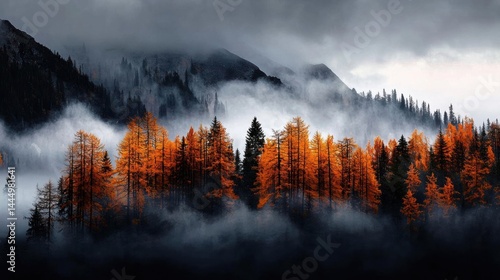 Landscape photograph of a mountain range covered in fog. the sky is filled with dark clouds and the mountains are shrouded in a thick layer of fog.