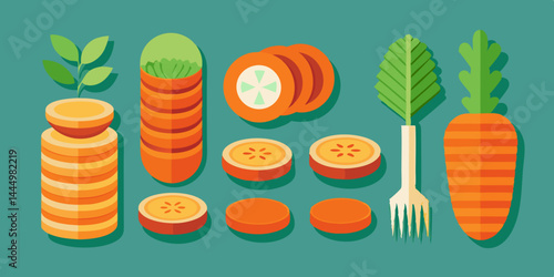 Set of whole carrot, sliced carrot pieces, chopped rings, orange root vegetable in healthy food concept illustration.