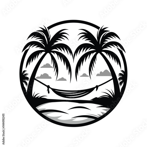 Hammock Between Palm Trees on Beach Scene, Circle Frame, Clouds, Monochrome Tropical Island