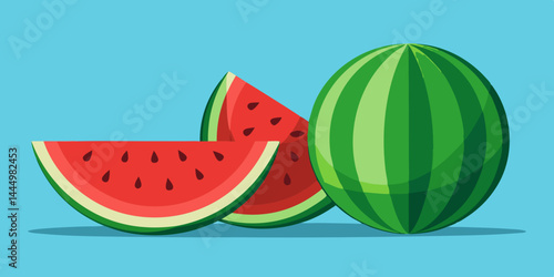 Whole watermelon and fresh slices with juicy red pulp and green rind