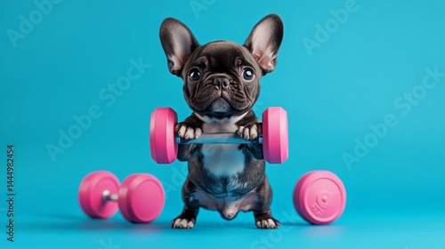 Adorable puppy posing with athletic gear, representing the idea of exercise, wellness, and muscle-building, available as stock