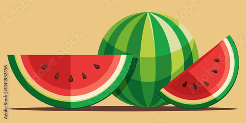 Whole watermelon and fresh slices with juicy red pulp and green rind