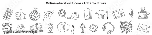 Set of Online Education icons in doodle style, line design, editable stroke, vector illustration