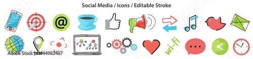 Set of Social Media icons in watercolor style, flat line design, editable stroke, vector illustration