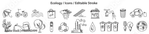 Set of Ecology icons in doodle style, line design, editable stroke, vector illustration