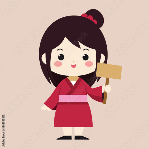 Explore the humorous mishap of a cute girl in a traditional kimono dress holding the wrong sign, blending cultural elegance with playful confusion in a delightful cartoon illustration.
