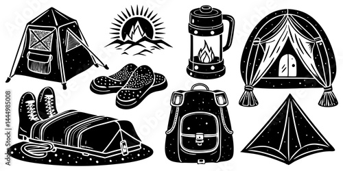 Camping gear essentials set including tent, hiking boots, campfire, and travel backpack.