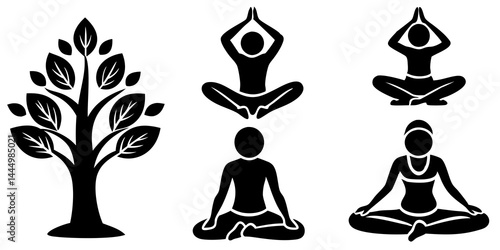 Silhouette set of people in yoga poses and meditation positions. Calm individuals practicing mindfulness, seated and standing meditative postures in peaceful wellness routine.

