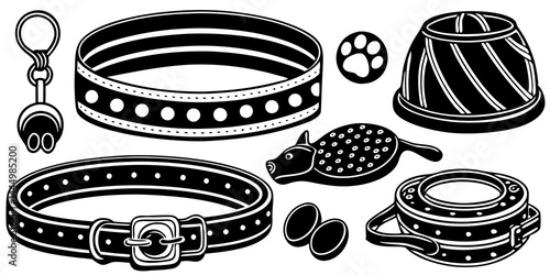 Line Art Of Pet accessories set including colorful dog collar, leash, soft bed, food bowl, and squeaky toy. 