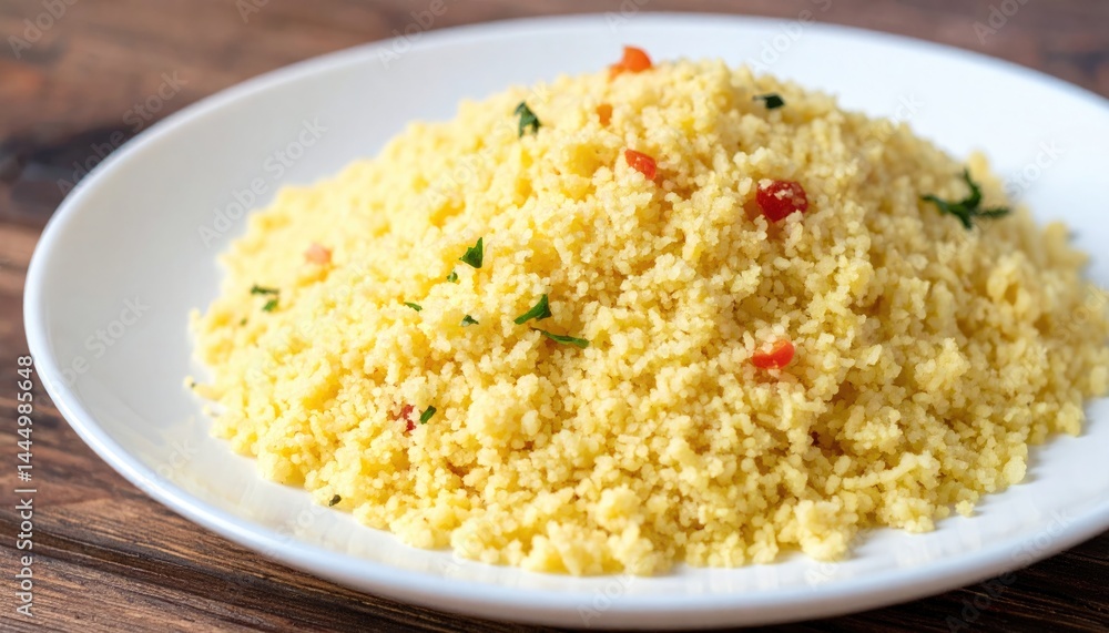 Couscous on a plate on a white background close-up Couscous on a plate on a white background close-up