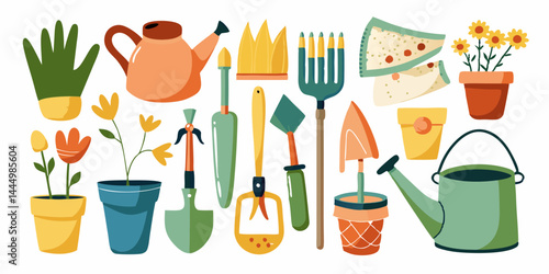 Gardening tools set including trowel, rake, watering can, pruning shears, and gloves.