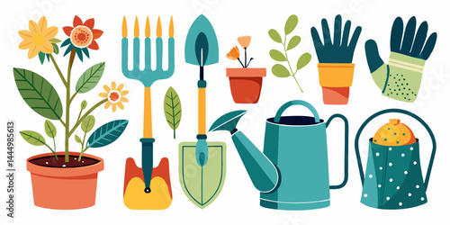 Gardening tools set including trowel, rake, watering can, pruning shears, and gloves.