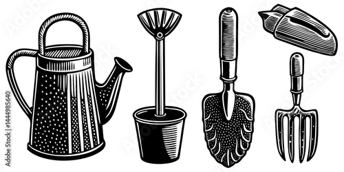 Gardening tools set including trowel, rake, watering can, pruning shears, and gloves.