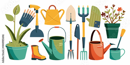 Gardening tools set including trowel, rake, watering can, pruning shears, and gloves.