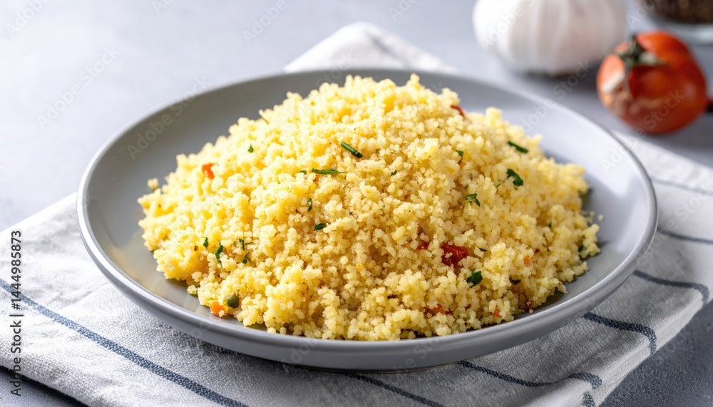 Couscous on a plate on a white background close-up Couscous on a plate on a white background close-up