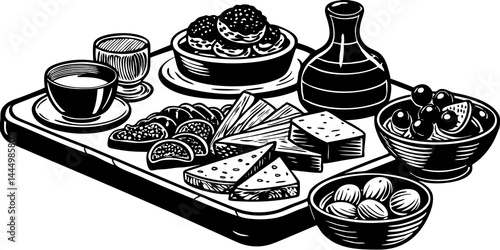 Gourmet food set with cheese platter, sushi, charcuterie board, and tapas arranged on elegant wooden trays