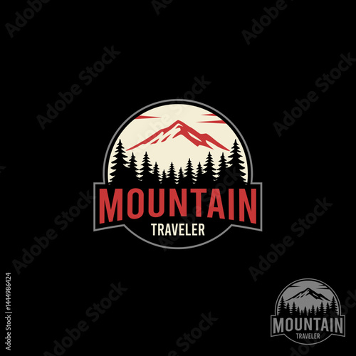 A circular emblem logo for “Mountain Travel Adventures”. At the center, it features a red mountain range and the pine trees