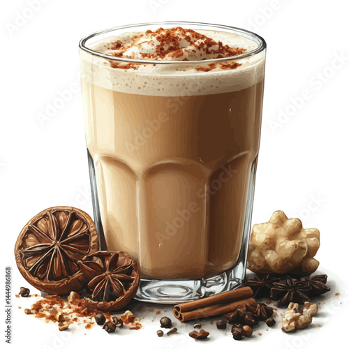 Chai Latte With Spices, watercolor vector, isolated on a white background.