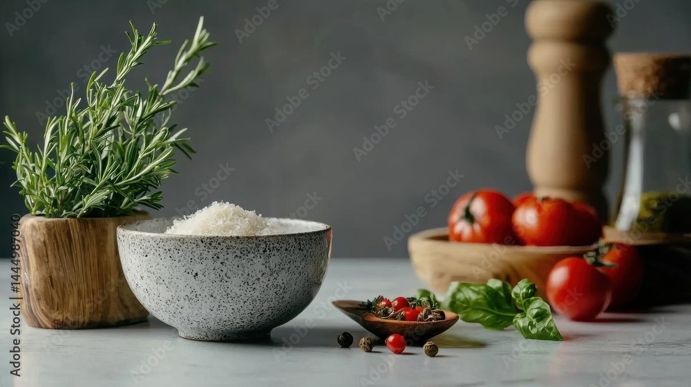 Kitchen countertop with various ingredients and utensils on it. on the left side of the image, there is a small potted plant with green leaves, which appears to be a sprig of rosemary. Kitchen countertop with various ingredients and utensils on it. on the left side of the image, there is a small potted plant with green leaves, which appears to be a sprig of rosemary.