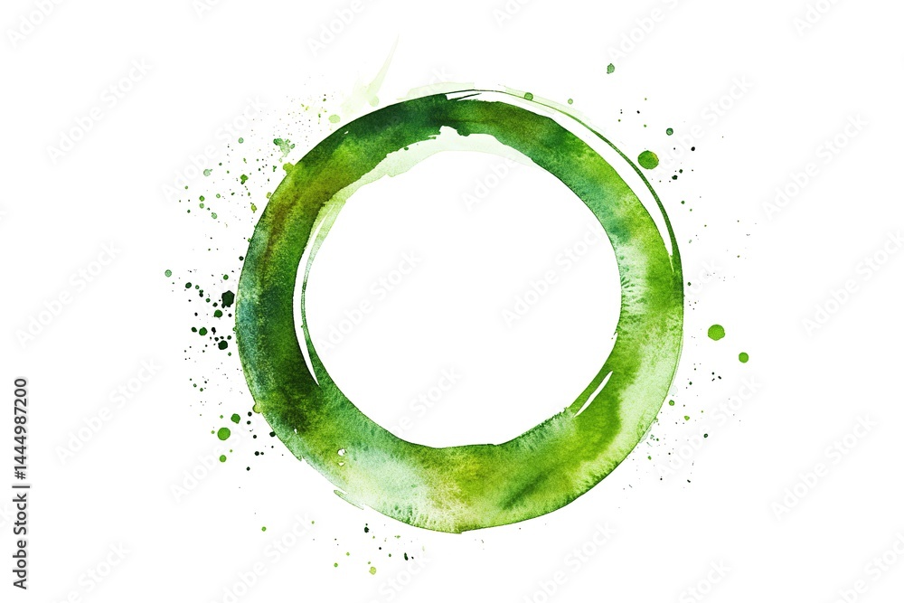 Watercolor Green Circle with Splatters on White Background. Abstract, Organic Style Watercolor Green Circle with Splatters on White Background. Abstract, Organic Style