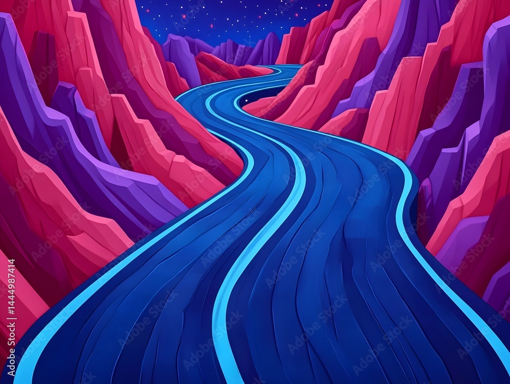 Obraz premium Winding Road Through Vibrant Purple and Pink Mountains at Night A Serene Night Drive Through Abstract Landscape