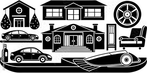 Luxury real estate icon set featuring swimming pool, home theater, walk-in closet, rooftop terrace, and modern gym equipment