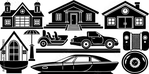 Luxury real estate icon set featuring swimming pool, home theater, walk-in closet, rooftop terrace, and modern gym equipment