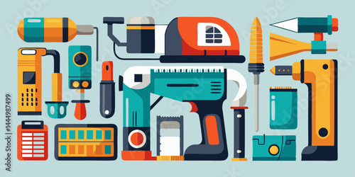 Home renovation tools vector set including hammer, drill, paintbrush, saw, and tape measure