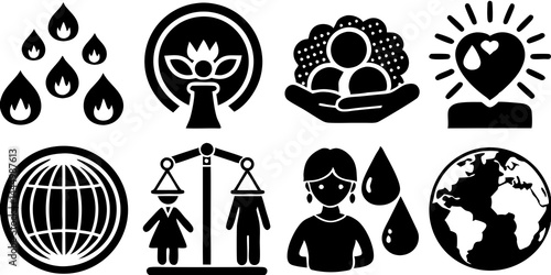 Social issues awareness icon set featuring climate change, gender equality, mental health, and education.