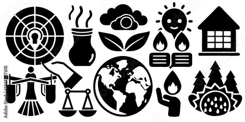 Social issues awareness icon set featuring climate change, gender equality, mental health, and education.