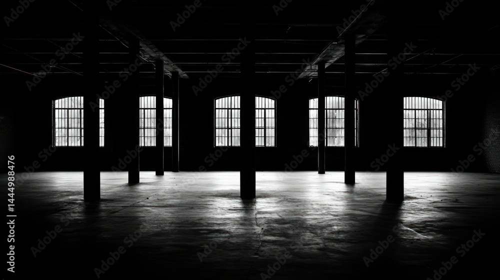 A large interior view of an empty industrial warehouse space A large interior view of an empty industrial warehouse space