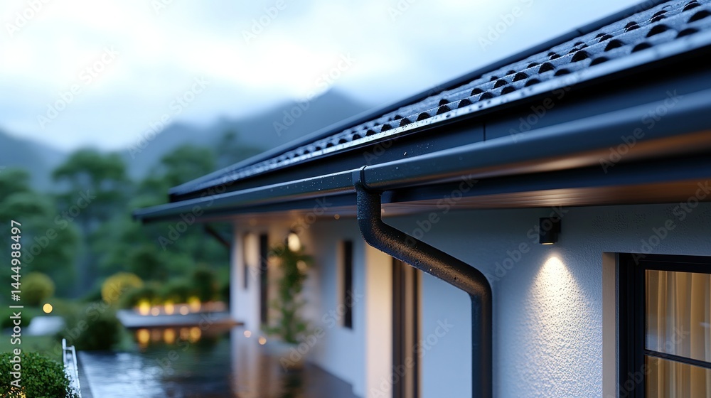 Obraz premium Exterior home with dark gutters and a view of mountains