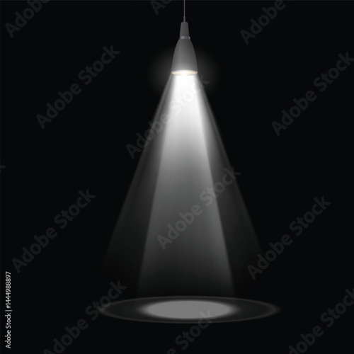 Vector illustration of pendant lamp with black lampshade and white light beam.