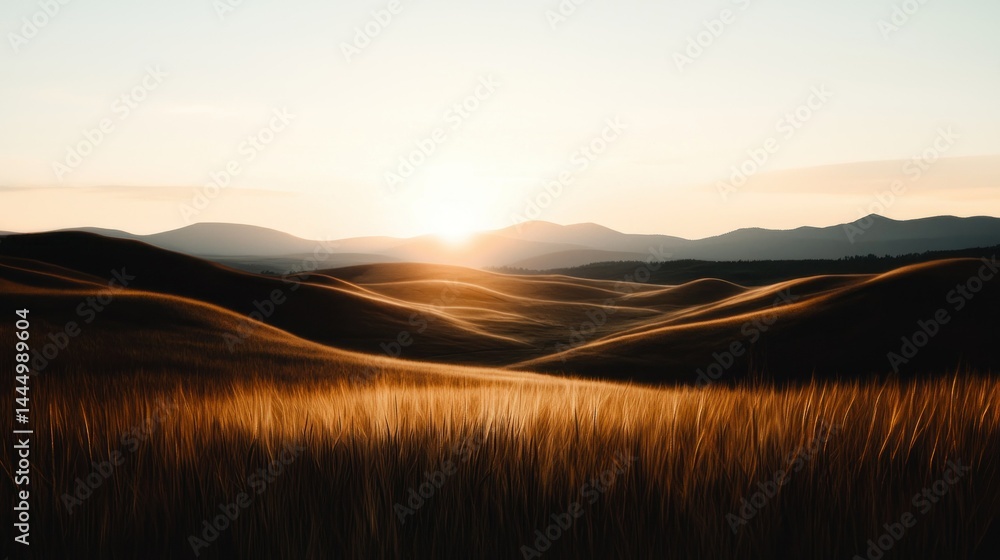 Obraz premium A golden sunset illuminates a scenic landscape with rolling hills