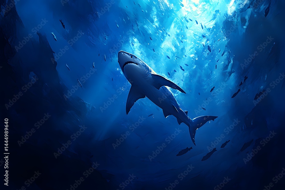 A great white shark swimming in the deep blue ocean with many small fish around it and sun rays above A great white shark swimming in the deep blue ocean with many small fish around it and sun rays above
