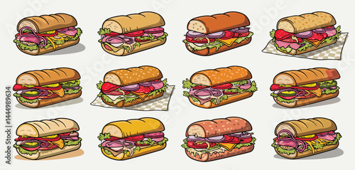 Twelve Delicious Sub Sandwiches Illustration