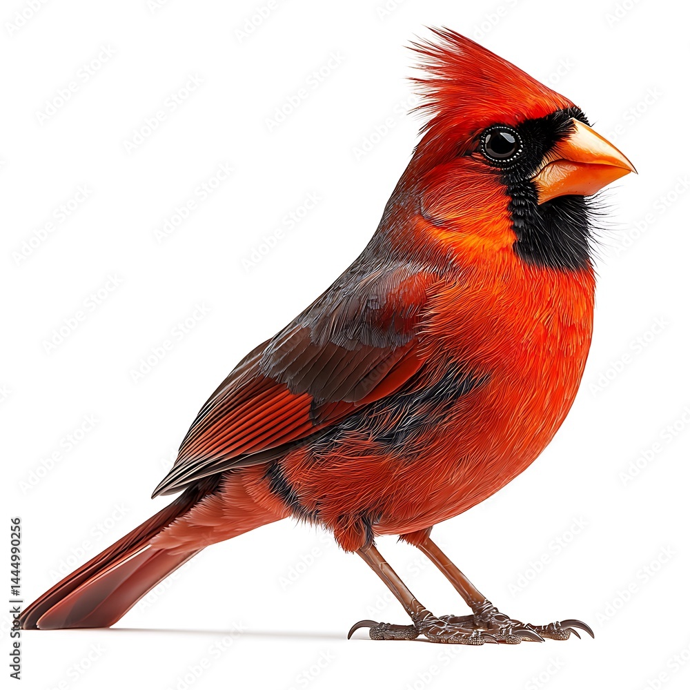 Vibrant red bird with black face mask, crested head, and long tail Vibrant red bird with black face mask, crested head, and long tail