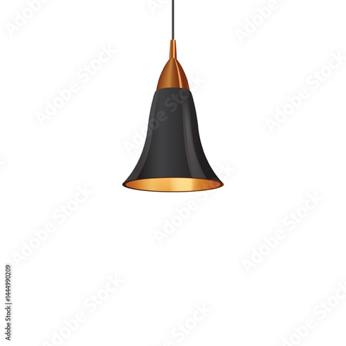 Ceiling lamp with lampshade golden and black design, vector switch off hanging lantern chandelier transparent background