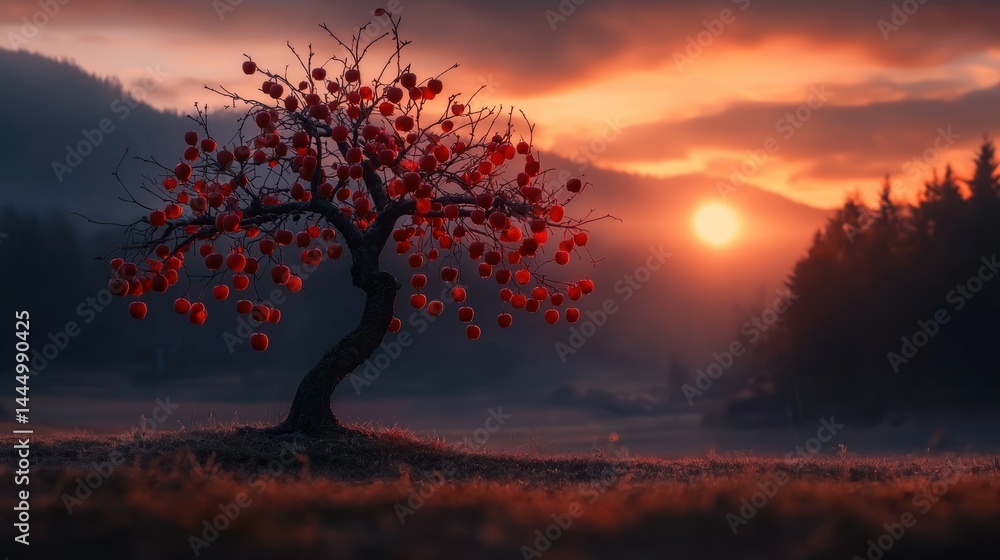 A solitary tree bears vibrant red fruits at sunset in a landscape A solitary tree bears vibrant red fruits at sunset in a landscape