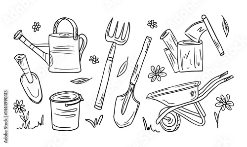 A set of tools for gardening, farming, hand-drawn in doodle vector style. A rake, a shovel, a garden wheelbarrow, a watering can, a bucket, a saw, an axe, a set of working tools for the garden.