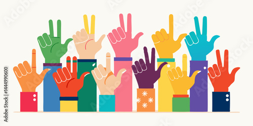 Diverse group of hands raising in unity. Multicultural people showing support, protest, teamwork, and solidarity with open palms in flat vector style.

