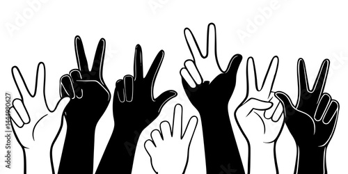Diverse group of hands raising in unity. Multicultural people showing support, protest, teamwork, and solidarity with open palms in flat vector style.

