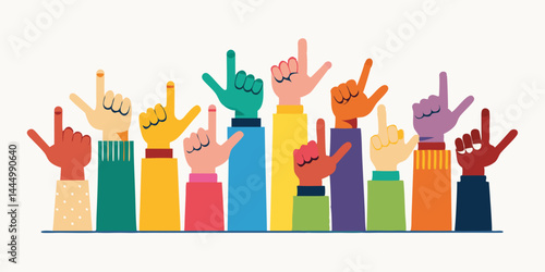 Diverse group of hands raising in unity. Multicultural people showing support, protest, teamwork, and solidarity with open palms in flat vector style.

