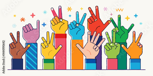 Diverse group of hands raising in unity. Multicultural people showing support, protest, teamwork, and solidarity with open palms in flat vector style.

