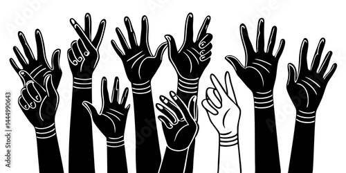 Diverse group of hands raising in unity. Multicultural people showing support, protest, teamwork, and solidarity with open palms in flat vector style.

