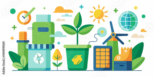 Eco-friendly icons set with recycling bin, solar panel, wind turbine, reusable bag, and green leaf. Clean minimal vector for sustainability, renewable energy, and zero waste themes.

