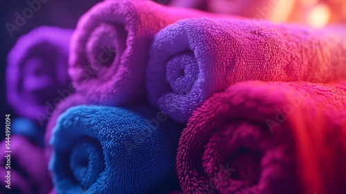 Rolled spa towels in vibrant colors.  Stacked towels in various shades of pink, purple, and blue.  Soft texture
