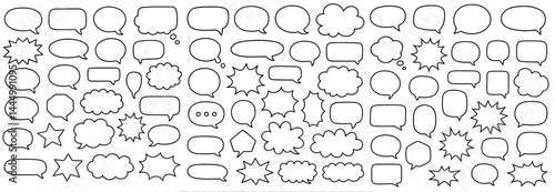 Set of hand-drawn vector comic speech bubbles and thought clouds in various shapes including oval, rectangle, starburst, cloud, and pointed styles