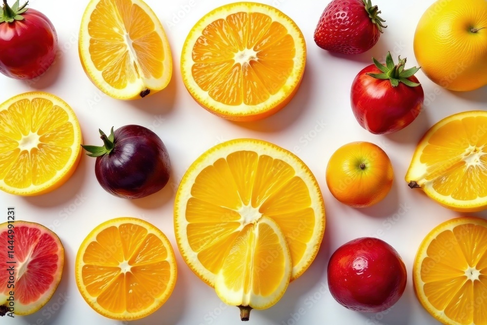 Brightly colored fruit arranged in a geometric pattern on a white background, , bold outlines, vibrant Brightly colored fruit arranged in a geometric pattern on a white background, , bold outlines, vibrant