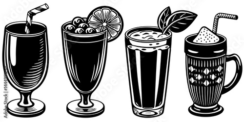 Beverage collection of coffee cup, tea mug, smoothie glass, soda can, and cocktail drink. Flat vector illustration of popular drinks set for cafe, restaurant, and menu design.

